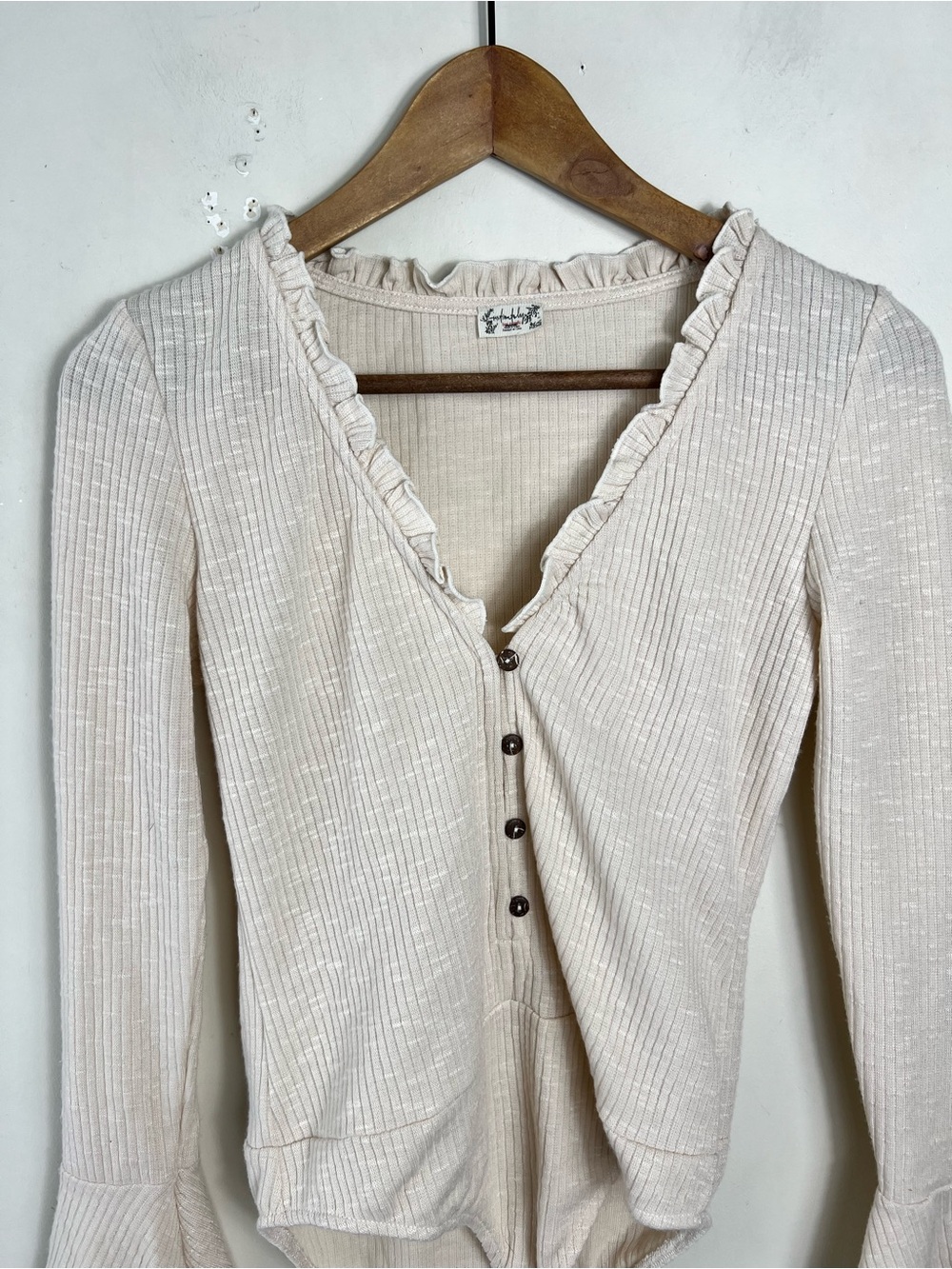 Free People Intimately Jackie Bodysuit In Oatmeal Ribbed Size Small Ruffle - Picture 4 of 12